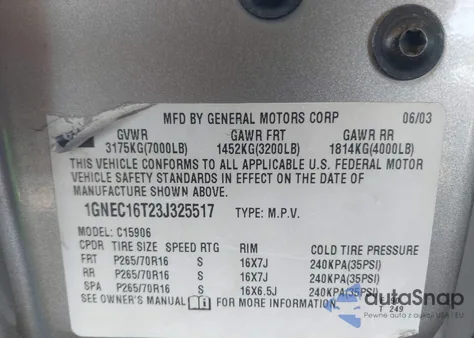 2003 Chevrolet Suburban 1500 Ls из США, поврежденный, VIN 1GNEC16T23J325517